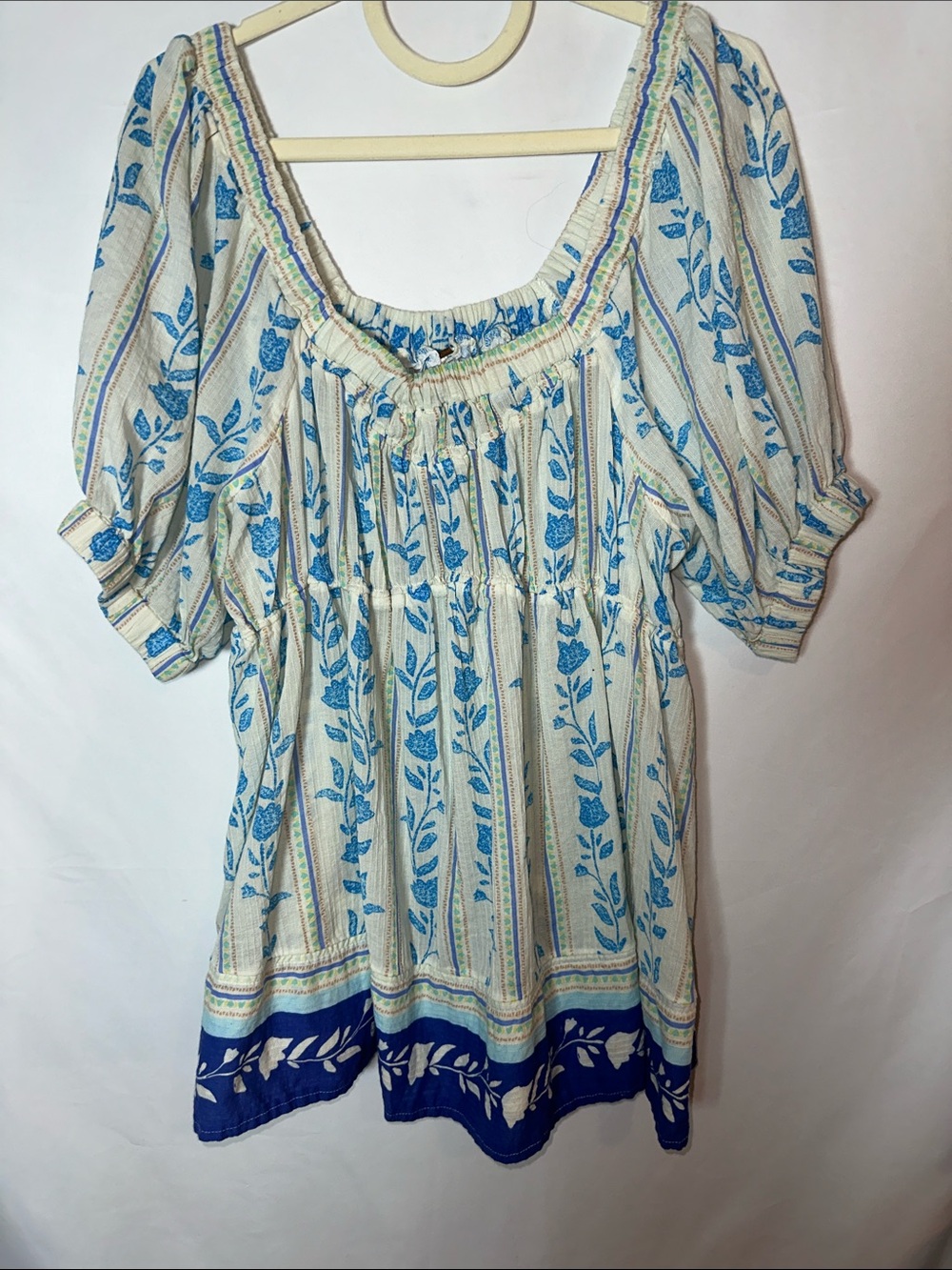 Free People Cream Tunic with Blue Floral Stripe